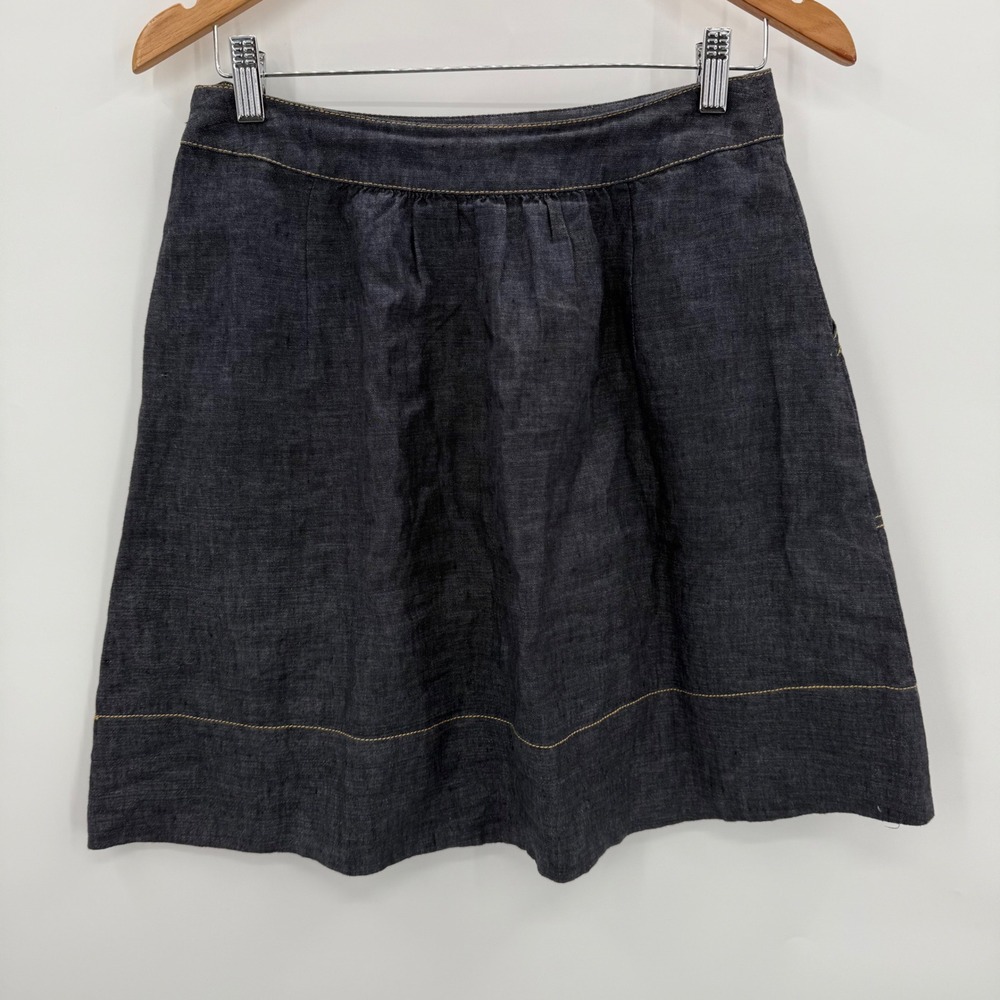 Eileen Fisher Linen A-Line Skirt Dark Blue Classic Pockets Zipper Women's Petite